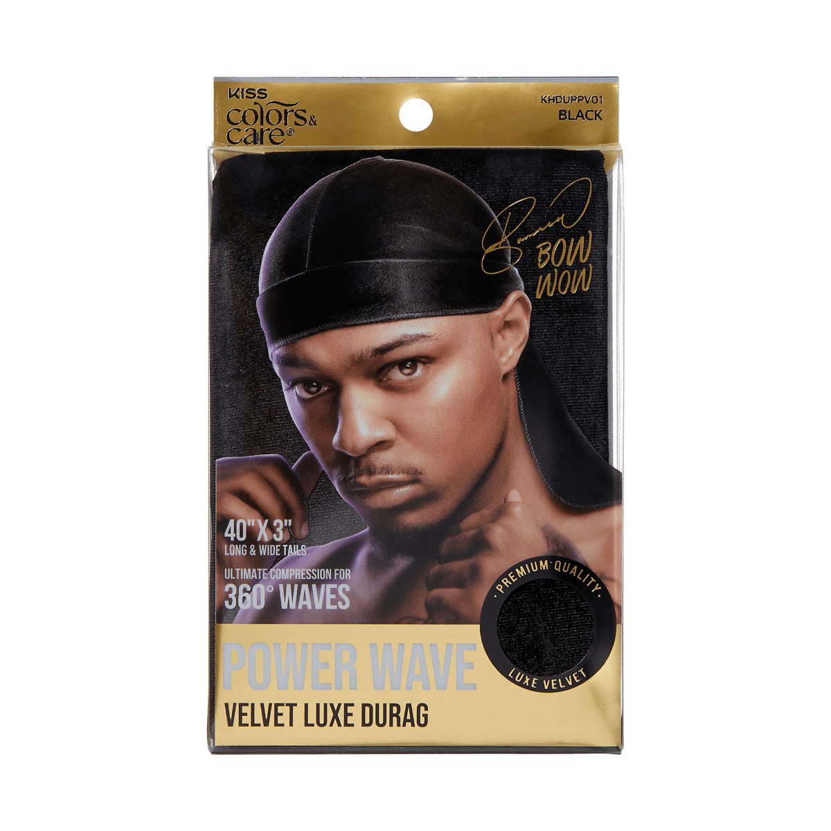 Packaging for Bow Wow KISS Colors &amp;amp; Care Power Wave Velvet Luxe Durag in black.