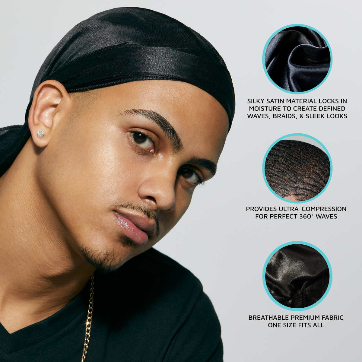 KISS Colors &amp; Care Power Wave Silky Satin Pattern Durag - Black/Gold