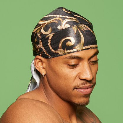 KISS Colors &amp; Care Power Wave Silky Satin Pattern Durag - Black/Gold