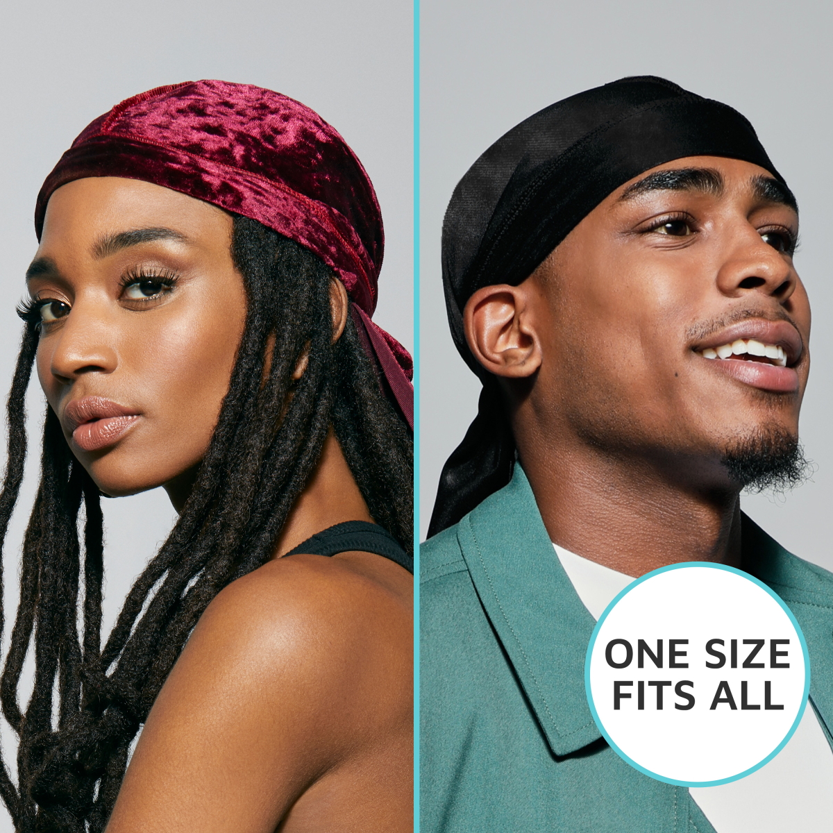 A man and woman side by side showing off the one size fits all quality of Bow Wow KISS Colors &amp;amp; Care Power Wave durag. 