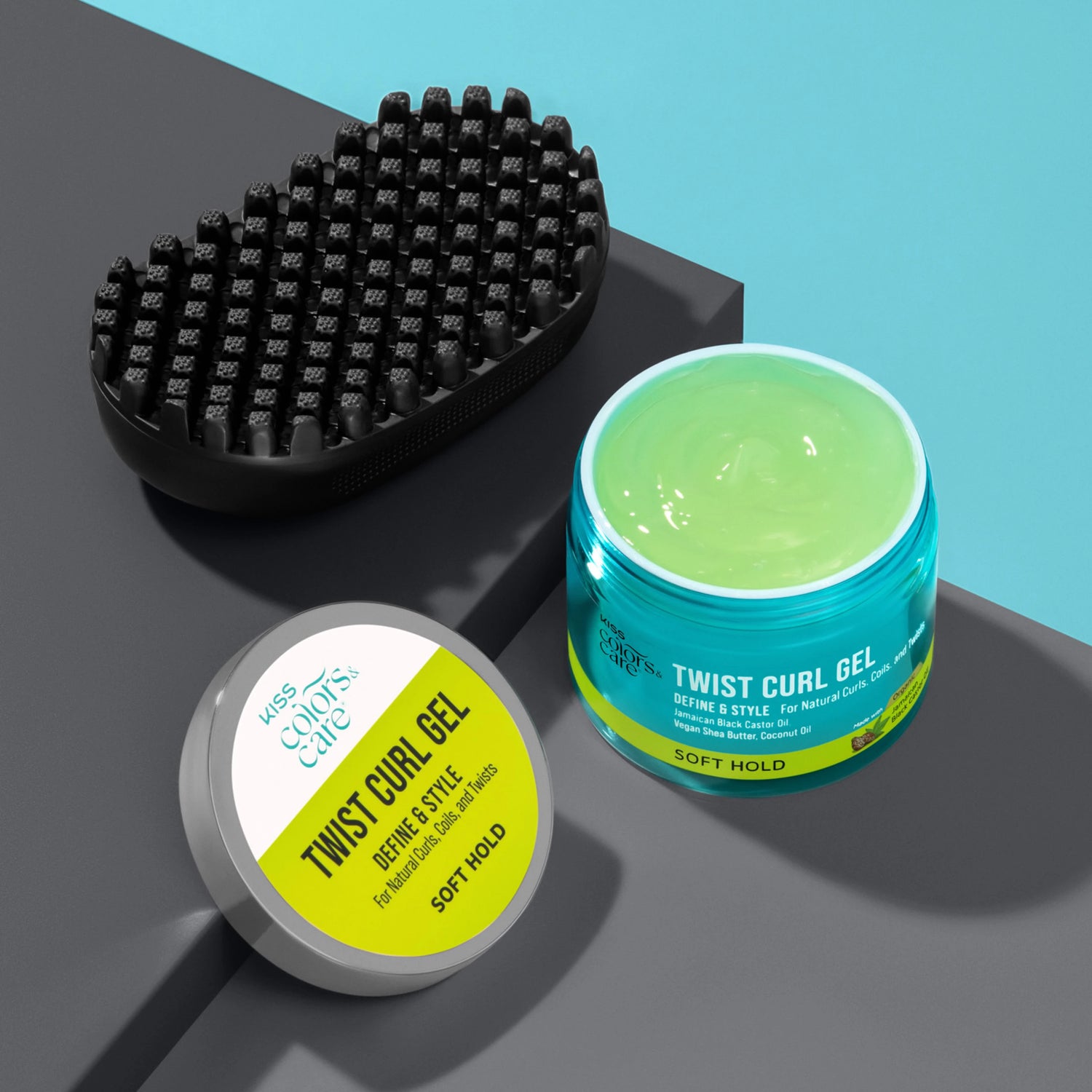 KISS Colors and Care brand Twist Curl Gel displayed open next to a twist hair sponge